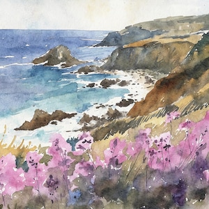 Monterey Bay Watercolor Painting California Coast Art Print Ocean Shore Artwork Wildflowers Landscape Beach House Wall Decor image 1