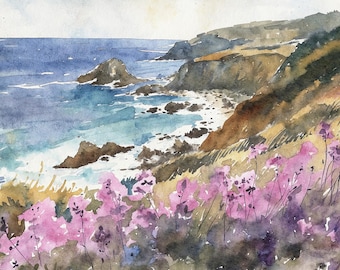 Pintura de acuarela de la bahía de Monterey, impresión artística de la costa de California, obra de arte de la orilla del océano, paisaje de flores silvestres, decoración de pared de casa de playa