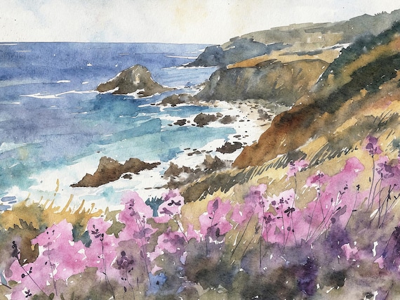 Monterey Bay Watercolor Painting California Coast Art Print Ocean Shore Artwork Wildflowers Landscape Beach House Wall Decor