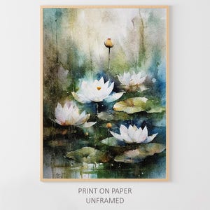 White Lotus Watercolor Painting Water Lily Art Print Lotus Pond Artwork Floral Wall Art