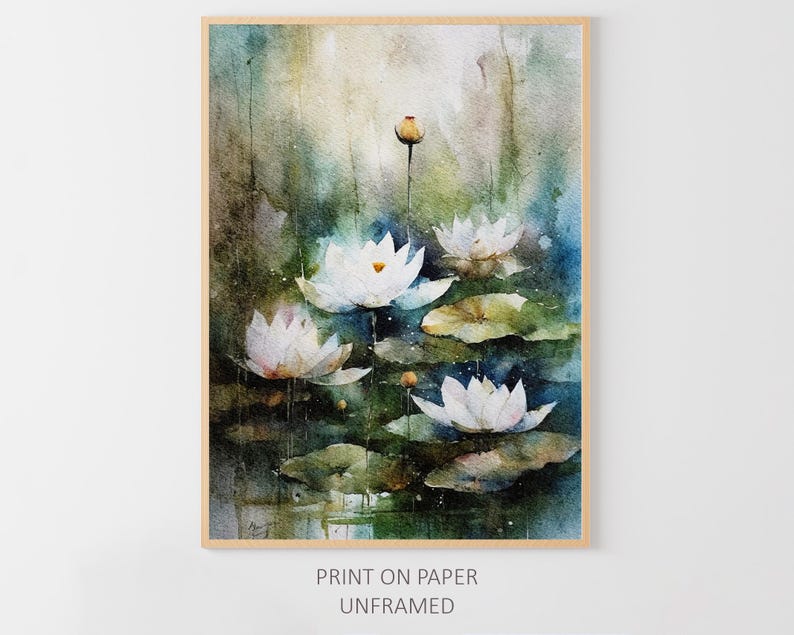 White Lotus Watercolor Art Print Floral Wall Art Pond Painting - Etsy