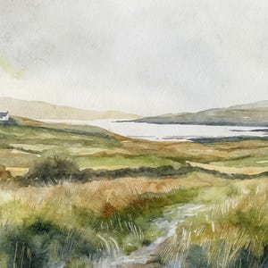 Dingle Peninsula Landscape Watercolor Ireland Painting Green Hills Art Print Irish Farmland Poster Farmhouse Wall Decor