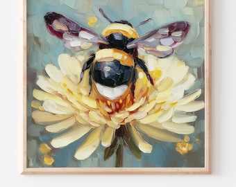 Bumblebee Oil Print Dandelion Painting Meadow Artwork Farmhouse Wall Decor