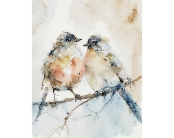 Chickadee Couple Watercolor Art Print: Neutral Autumn Decor