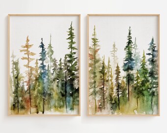 Bosque de pinos Conjunto de 2 impresiones en acuarela Árboles de hoja perenne Pintura Paisaje forestal Pinos Póster