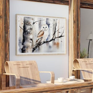 White Owl Watercolor Painting Winter Forest Wall Art Barn Owl Poster ...