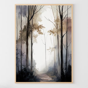 Nebliger Wald Aquarell Kunstdruck Nebliger Wald Malerei Natur Poster Neutral Wandkunst Bäume Aquarell