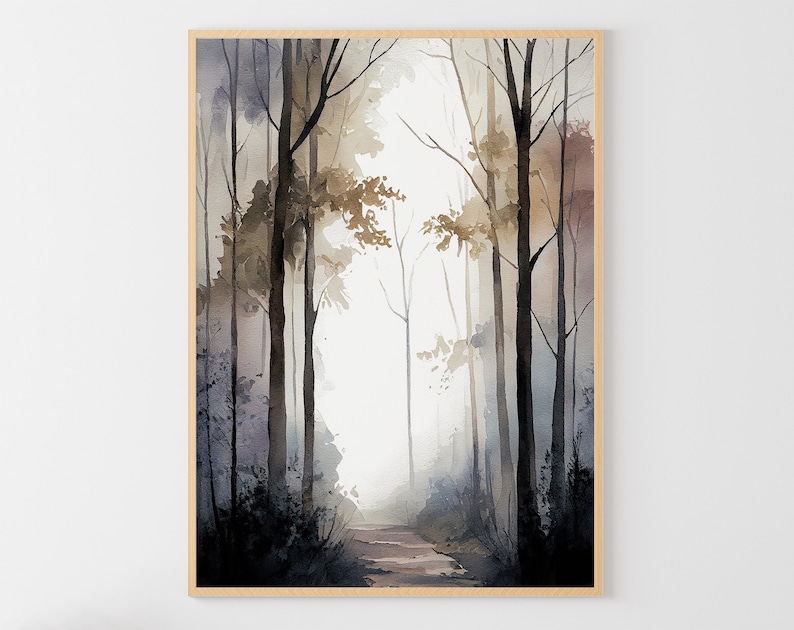 May include: A watercolor painting of a forest path with tall trees on either side. The trees are painted in shades of brown and gray, and the path is a light brown color. The background is a soft white, giving the painting a dreamy feel.