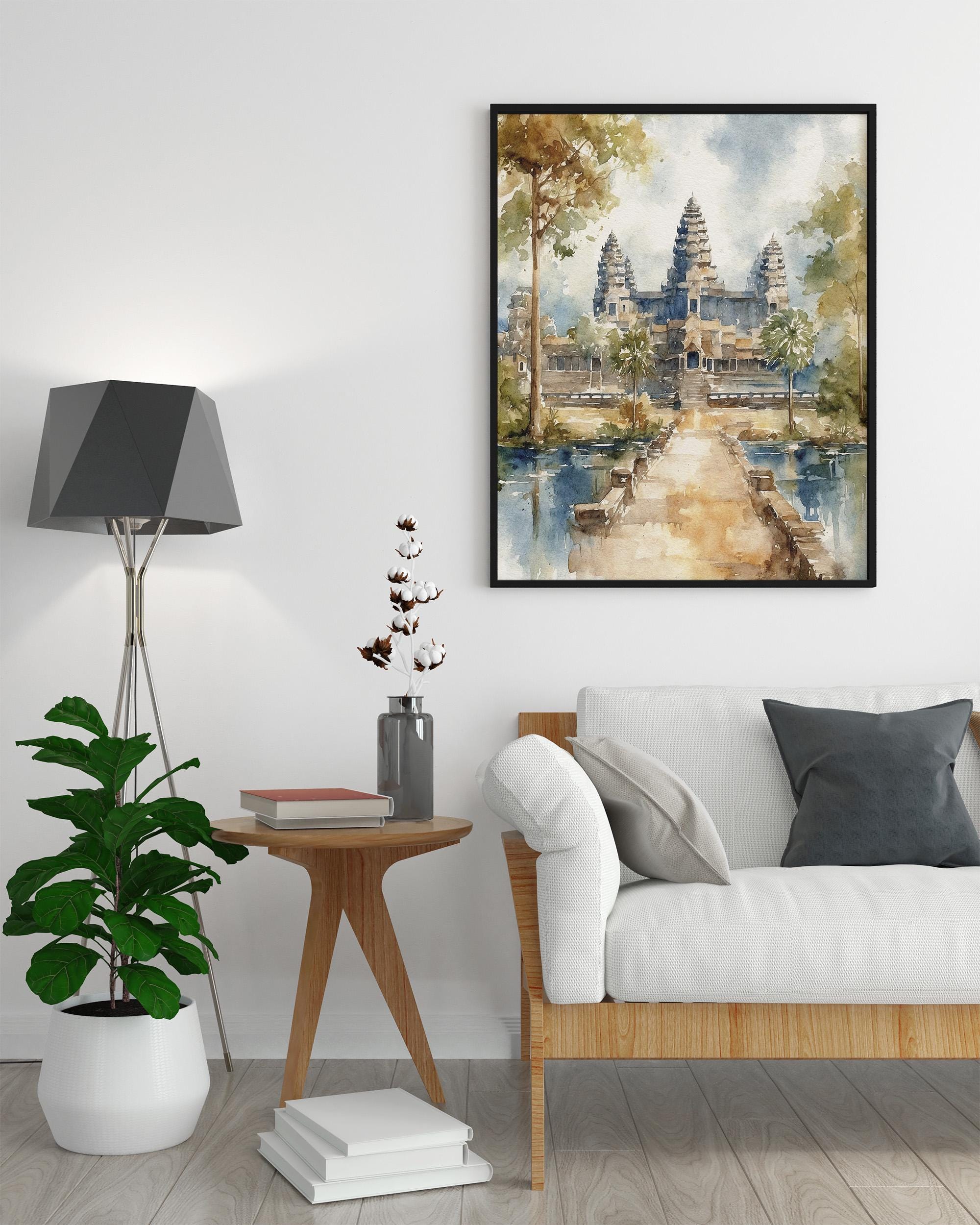 アンコールワットの水彩画アートプリント カンボジア絵画 歴史的寺院