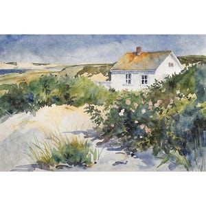 Cape Cod Watercolor Art Print: Seaside Beach House with Wildflowers