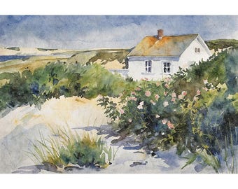 Cape Cod Aquarell Kunstdruck: Strandhaus am Meer mit Wildblumen