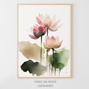 Water lilies Painting Pink Lotus Watercolor Floral Art Print Flowers Poster Neutral Wall Art