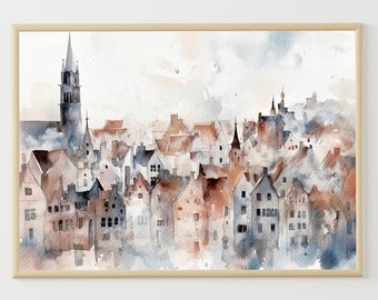 Bruges Watercolor Poster Belgium Travel Painting Cityscape Artwork Bruges Skyline Art Print Old Europe Architecture Wall Art