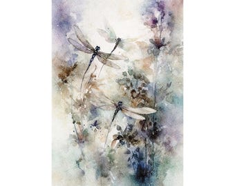 Dragonfly Painting Lavender Watercolor Insects Art Print Floral Wall Art