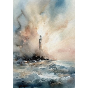 Leuchtturm Malerei Stürmischer Ozean Aquarell Seelandschaft Wand Kunst Gewitter Meer Kunstdruck