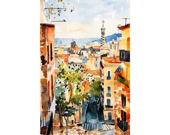 Barcelona Cityscape Watercolor Art Print: Sunny Spain Travel Poster