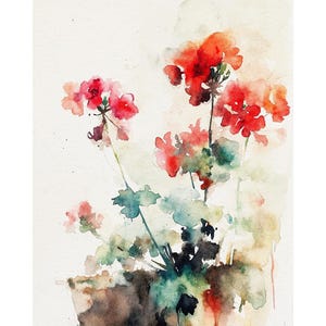 Geranium Watercolor Art Print Red Flowers Painting Floral Artwork Farmhouse Wall Decor