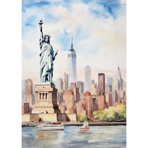 Statua della Libertà Stampa ad acquerello New York City Pittura Poster di viaggio USA Manhattan Cityscape Wall Art Regalo di viaggio
