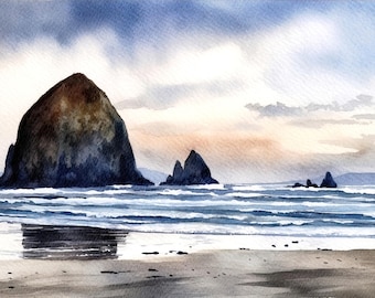 Pintura de Cannon Beach, Oregón. Acuarela de Haystack Rock. Impresión artística de la costa de Oregón. Póster costero.
