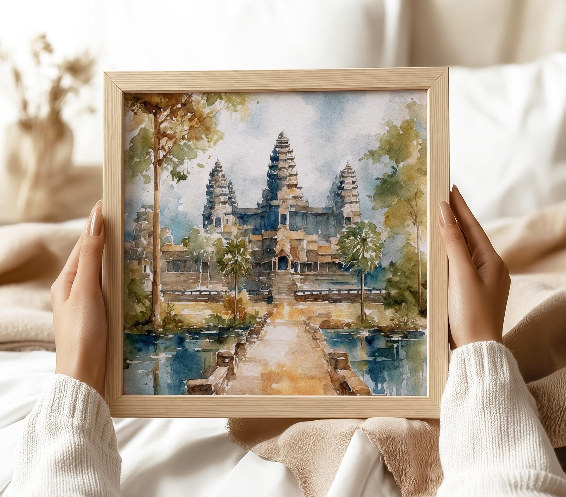 アンコールワットの水彩画アートプリント カンボジア絵画 歴史的寺院