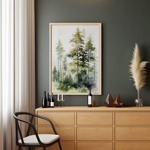 Pine Tree Watercolor Painting Vermont Landscape Foggy Forest Wall Art Forest Art Print Pine Trees Poster image 4