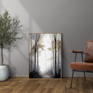 May include: A watercolor painting of a forest path with trees on either side. The path leads into the distance, and the trees are painted in shades of gray and brown.