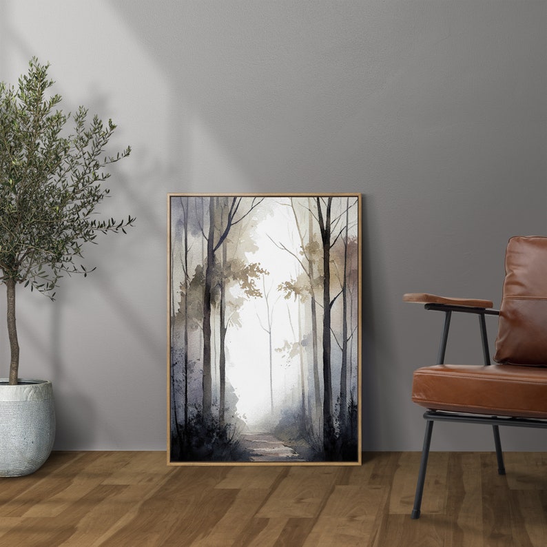 May include: A watercolor painting of a forest path with trees on either side. The path leads into the distance, and the trees are painted in shades of gray and brown.