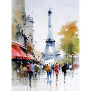 May include: Watercolor painting of a Parisian street scene with the Eiffel Tower in the background. The artwork features a red awning, buildings, and figures of people walking. The color palette includes shades of blue, red, yellow, and brown.