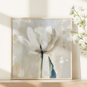 White Tulip Oil Painting Floral Wall Art Flowers Artwork Neutral Beige ...