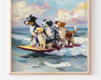 Hunde Surfen Öl Druck Strand Malerei Küsten Wandkunst