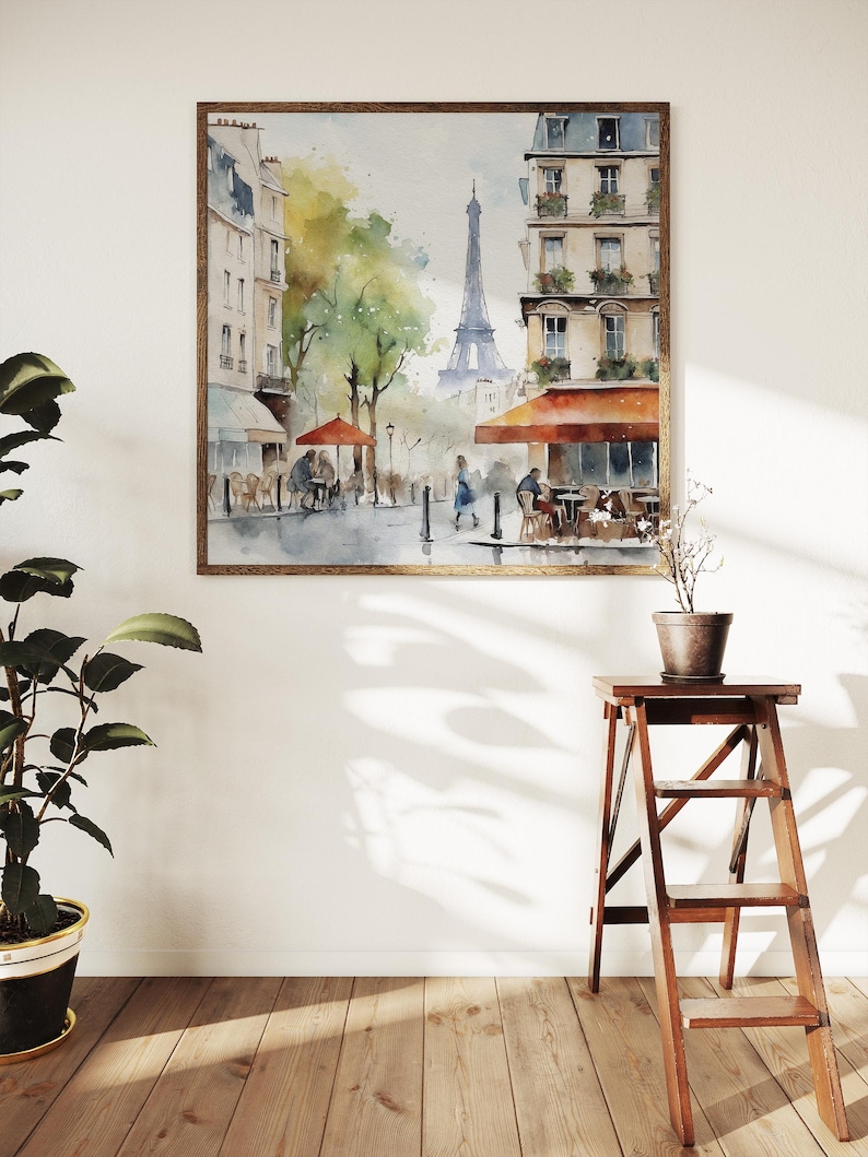 Akvarellkonsttryck i Paris stadsbild: Eiffeltornets caféscen bild 4