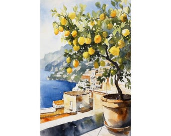 レモンの木の水彩画：ポジターノのイタリア海岸のアートワーク - Etsy 日本