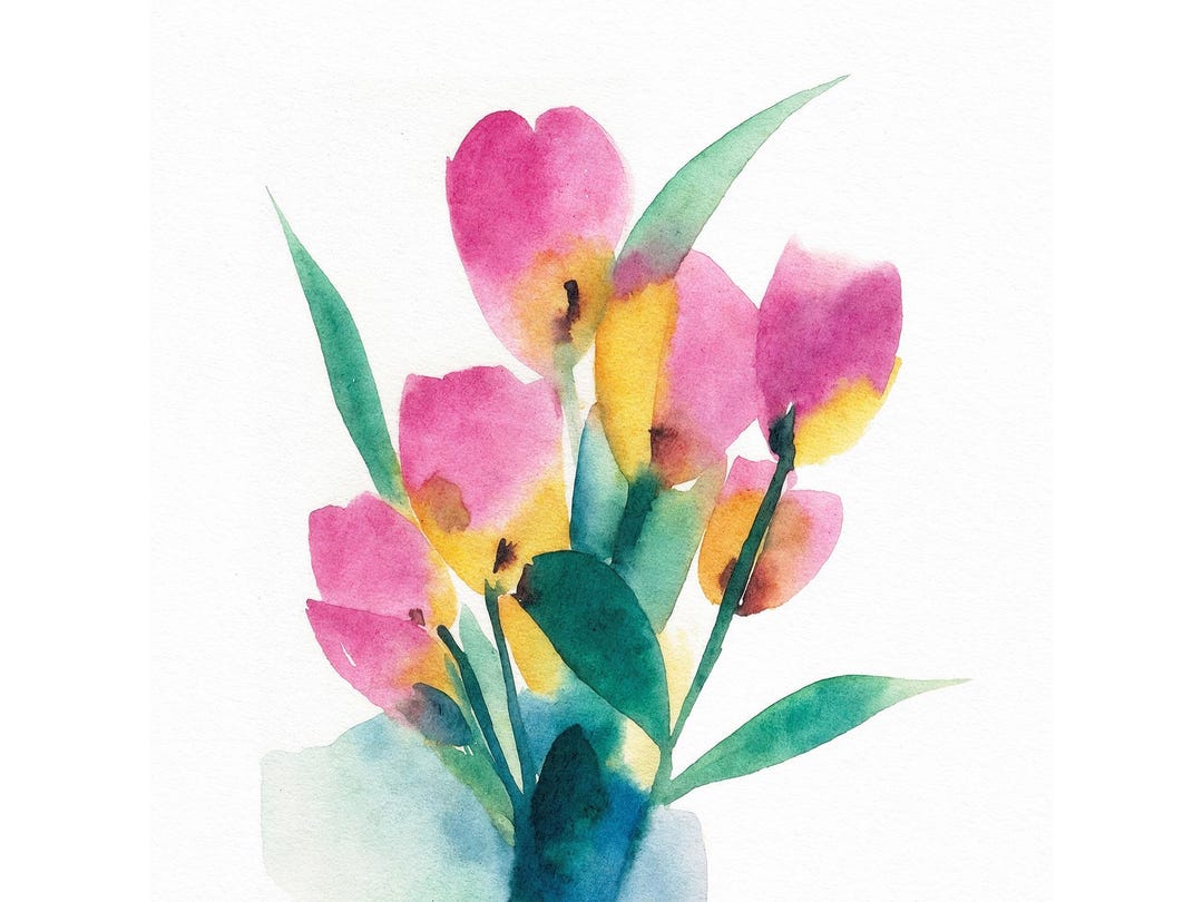 Pink Tulip Watercolor Print Flowers Painting Floral Wall Art Minimalist ...