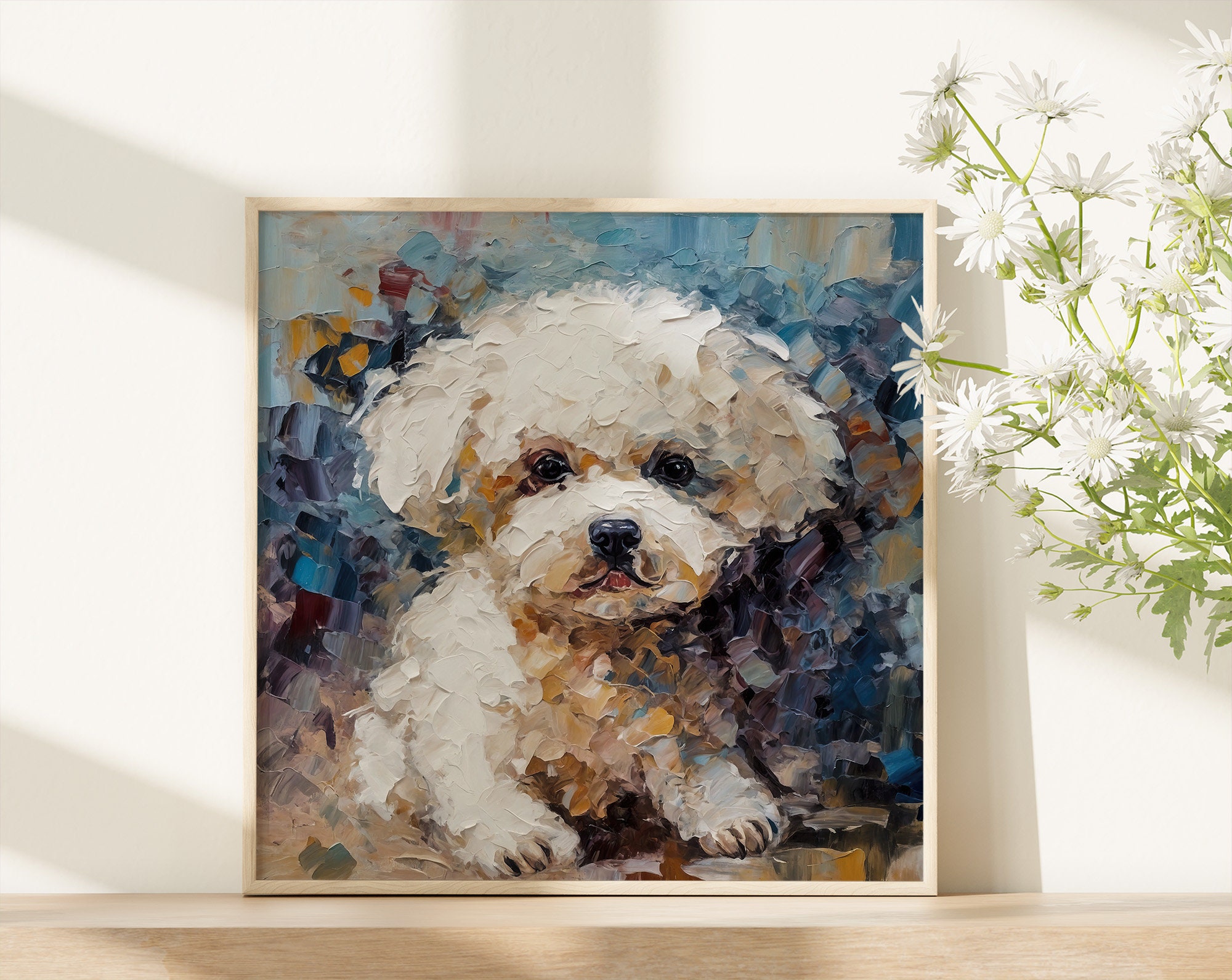 ビションフリーゼの油絵プリントペットの絵画かわいい子犬の壁アート犬
