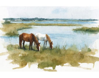 Assateague Island Watercolor Art Print Ponies Painting Coastal Home Decor Maryland Landscape