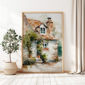 May include: Watercolor painting of a small cottage with a brown roof, white walls, and green vines growing on the side. The cottage has two windows and a chimney. The painting is set against a background of green trees and a blue sky.