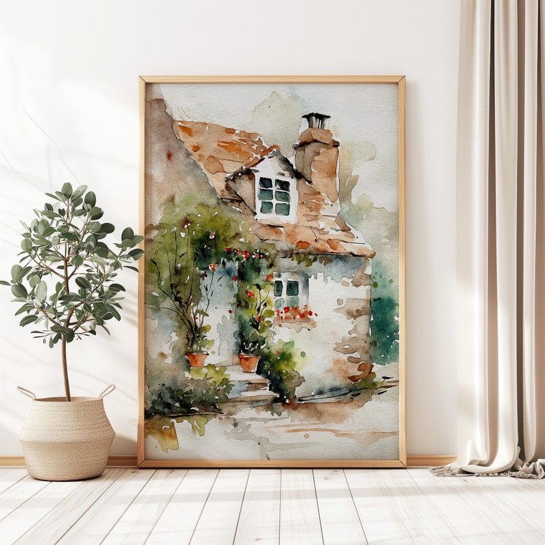 May include: Watercolor painting of a small cottage with a brown roof, white walls, and green vines growing on the side. The cottage has two windows and a chimney. The painting is set against a background of green trees and a blue sky.