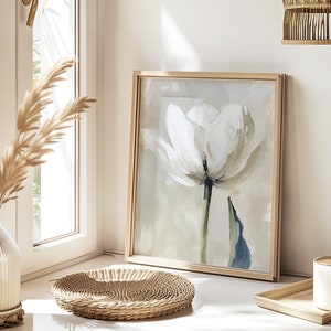 White Tulip Oil Painting Floral Wall Art Flowers Artwork Neutral Beige ...