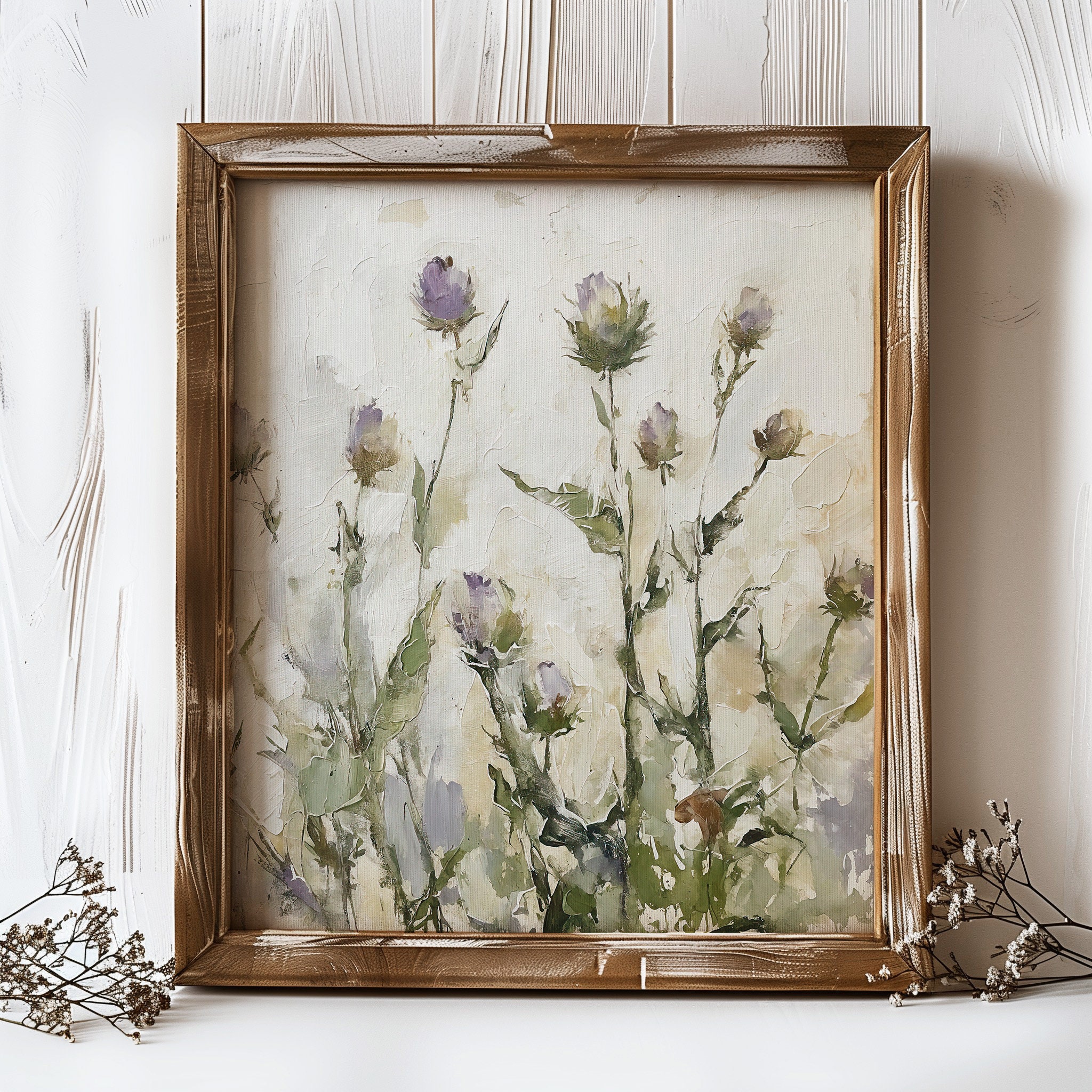 アザミの花の油絵 草原の絵画 野生の花 壁アート スコットランドの風景