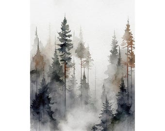Pine Forest Watercolor Art Print Pine Trees Painting Landscape Poster Calming Wall Art