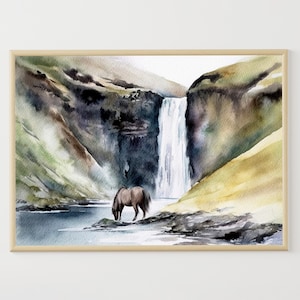 Iceland Painting Waterfall Watercolor Horse Art Skogafoss Art Print Iceland Travel Poster Sudurland Artwork