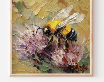 Bumblebee Oil Painting Print: Honey Bee on Flower
