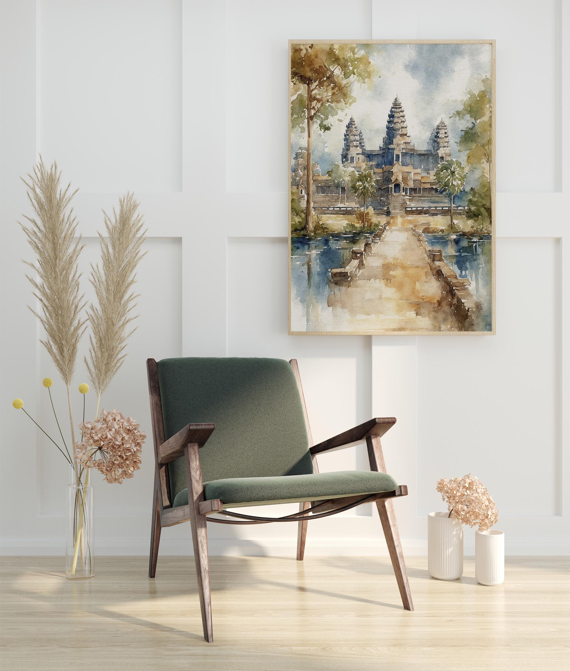 アンコールワットの水彩画アートプリント カンボジア絵画 歴史的寺院