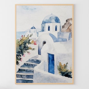 サントリーニ島の青い屋根の絵画 ギリシャの水彩画アートプリント 地中海の街並みのアートプリント 海岸沿いの町の壁アート