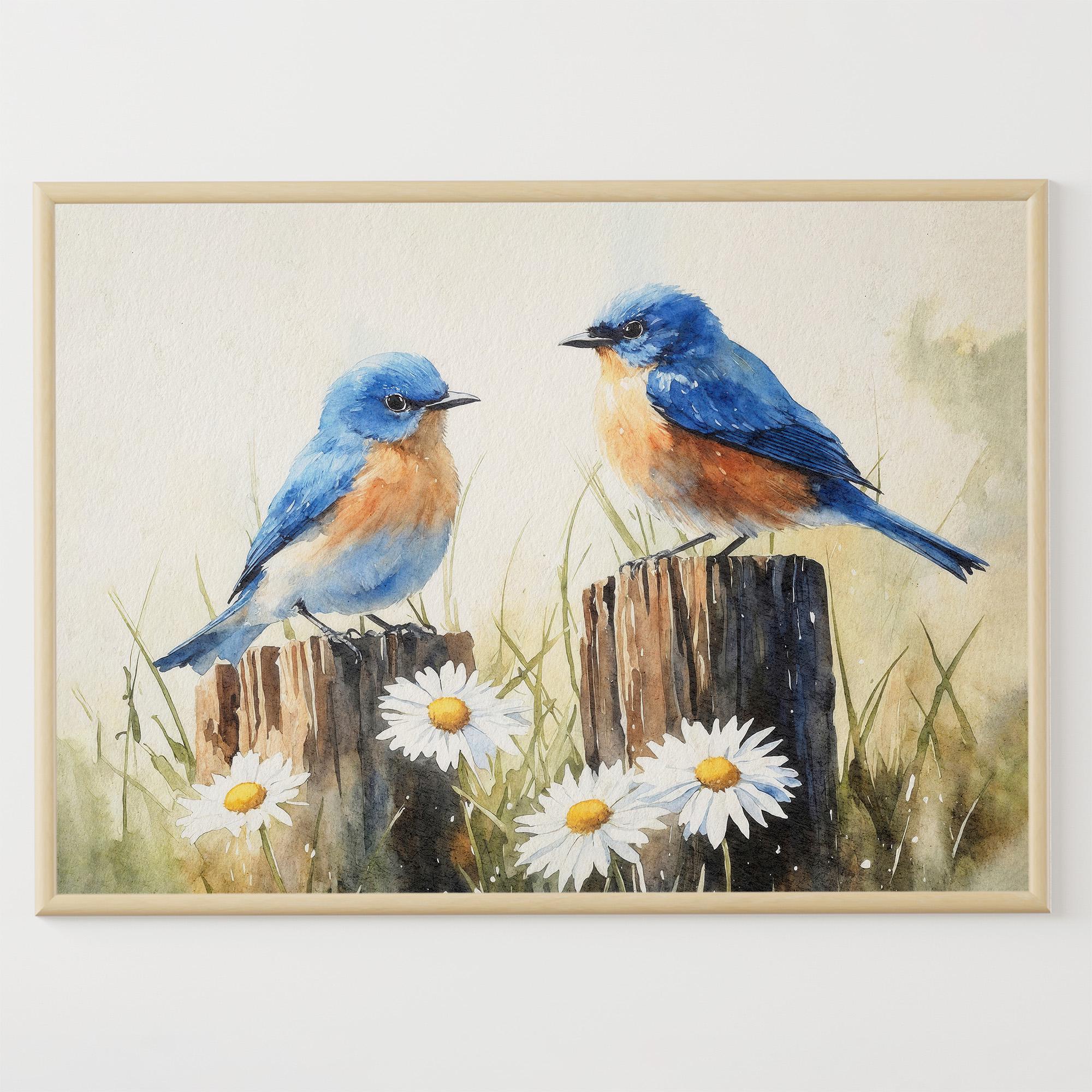 ブルーバードの水彩画プリント、デイジーの絵画、カップルの鳥のアート