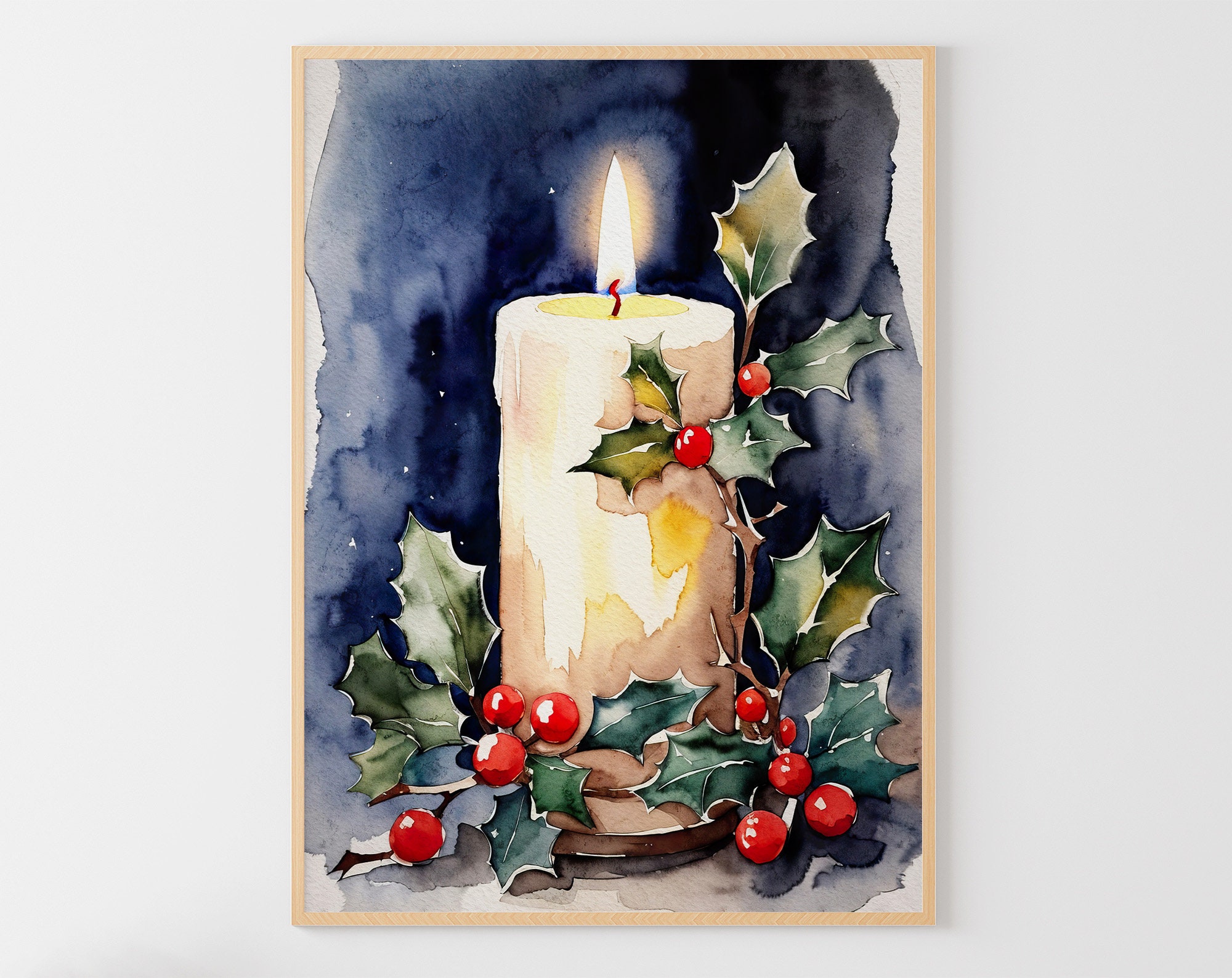 Christmas Pillar Candle, Holly Berries Candle, Hand Painted 