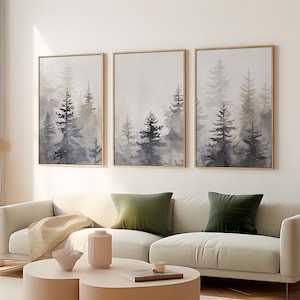 Set di 3 stampe ad acquerello di pini, pittura di alberi sempreverdi, poster di foresta nebbiosa, colori neutri, arte murale, decorazione da parete in stile fattoria
