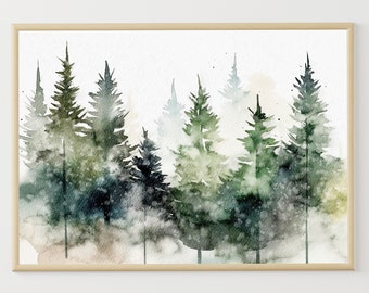 Pine Forest Watercolor Painting Foggy Forest Art Print Evergreen Trees Poster Pine Landscape