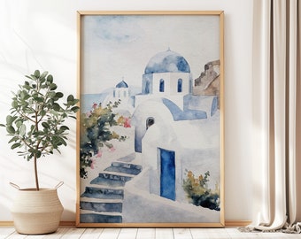Santorini Watercolor Art Print: Greek Blue Roofs, Mediterranean