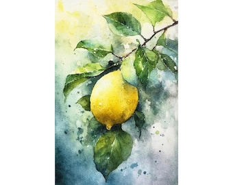 Pintura de limonero, frutas, acuarela, impresión artística de limón, arte de pared de cocina, póster de frutas